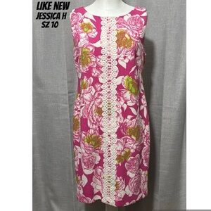 Gorgeous Jessica H Sheath Dress-Sz 10-ZipUp Back-Hot Pink/Lime Floral-Appliqué
